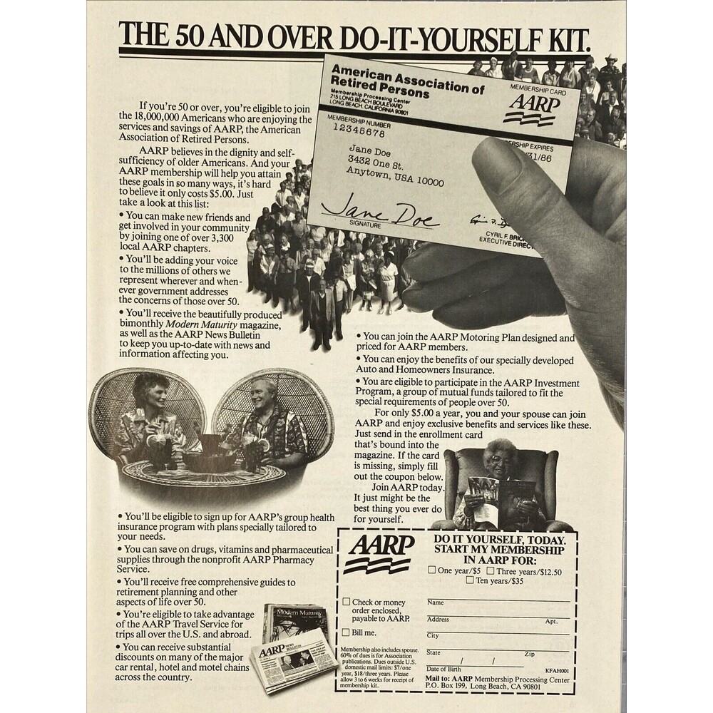 AARP "The 50 and over Do-It-Yourself Kit." Only $5 a year. Vintage Print Ad 1985